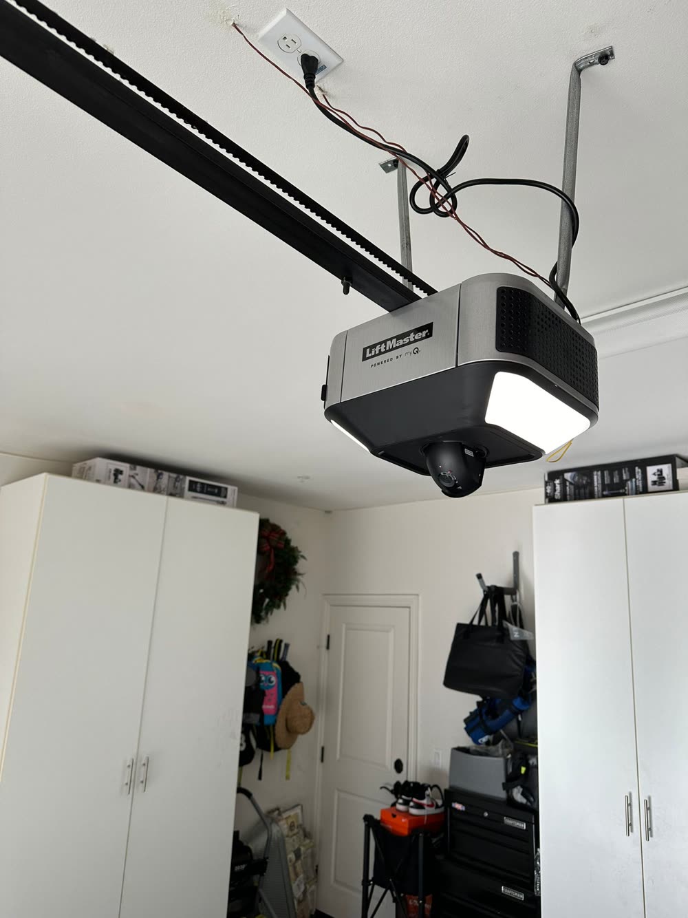 LiftMaster smart garage door opener with built-in camera, ceiling mounted